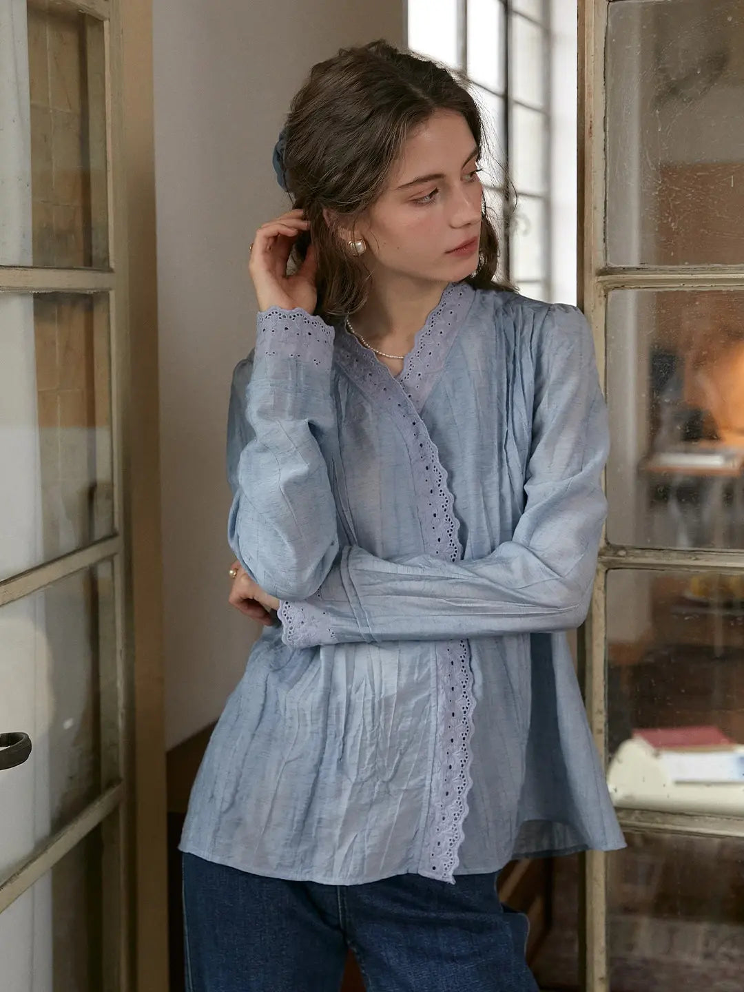 Allyson V-Neck Lace Cotton Blouse