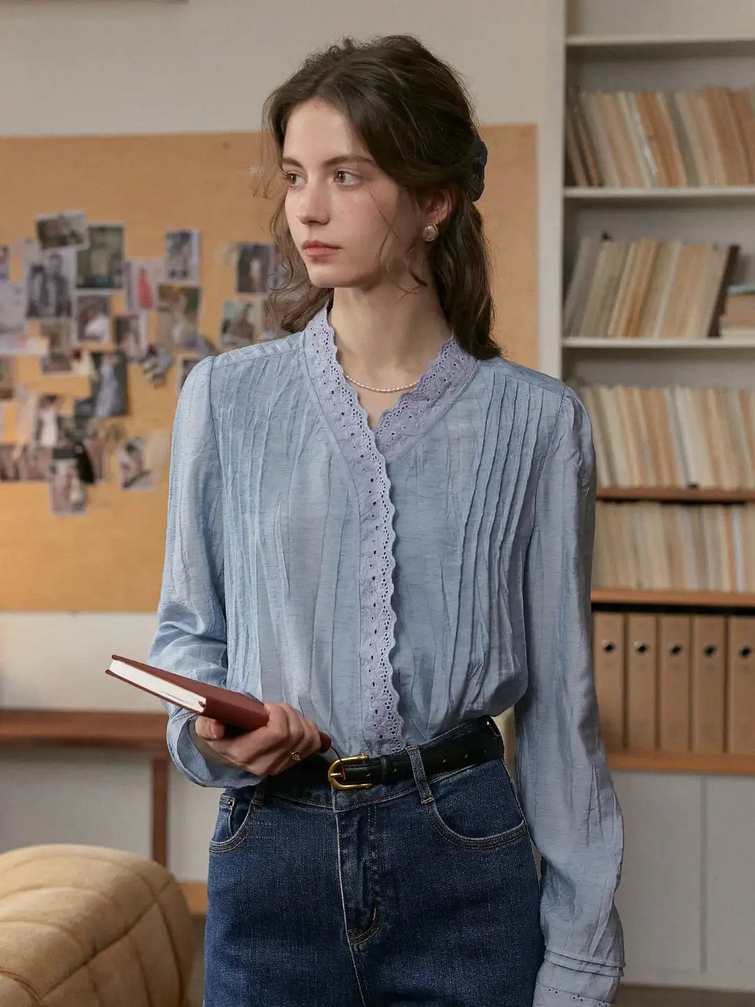 Allyson V-Neck Lace Cotton Blouse