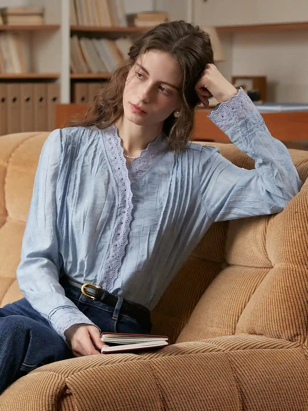 Allyson V-Neck Lace Cotton Blouse