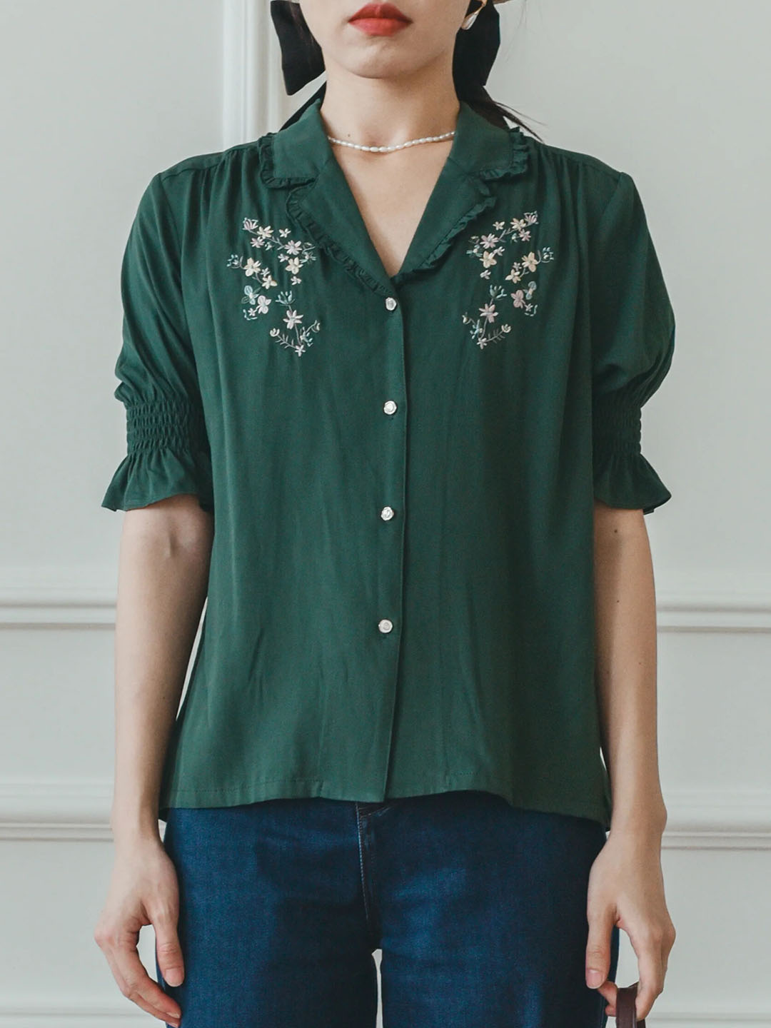 Alicia Floral Embroidery V-Neck Green Blouse