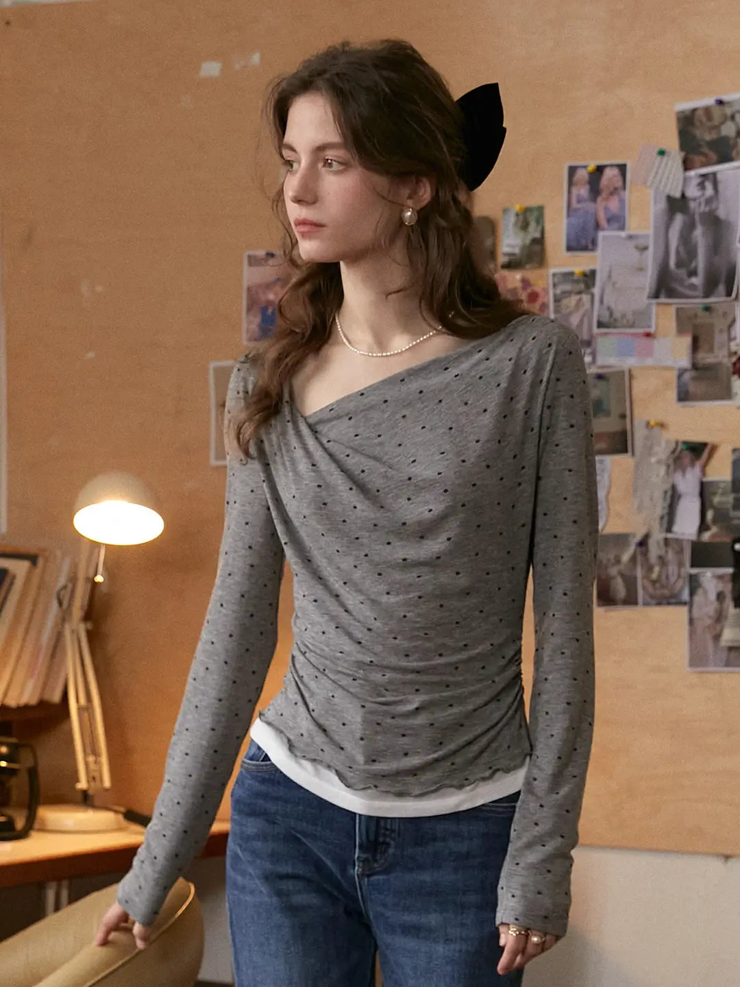 Carla Cowl Neck Dots Wool Blouse