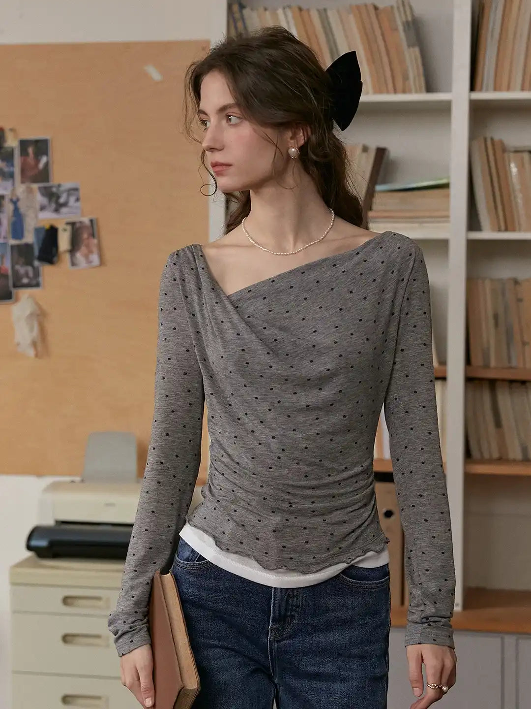 Carla Cowl Neck Dots Wool Blouse