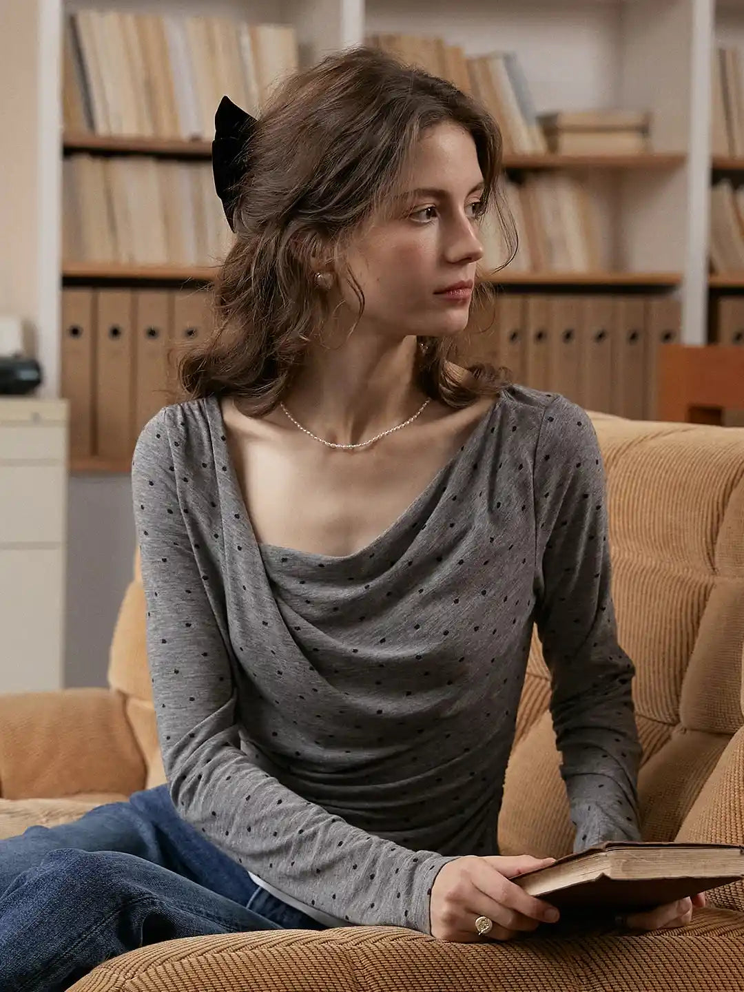 Carla Cowl Neck Dots Wool Blouse