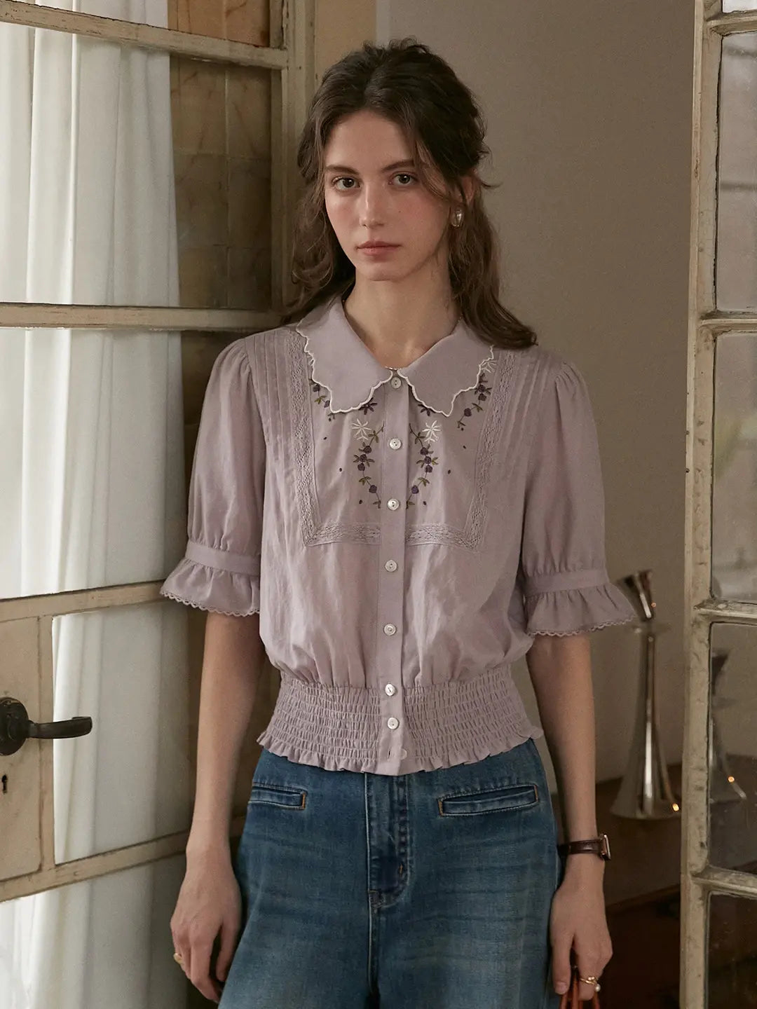 Sarahi Peter Pan Collar Embroidered Linen Blouse