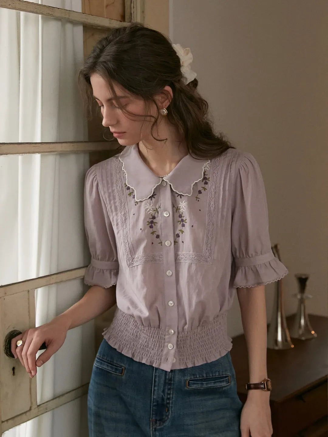 Sarahi Peter Pan Collar Embroidered Linen Blouse