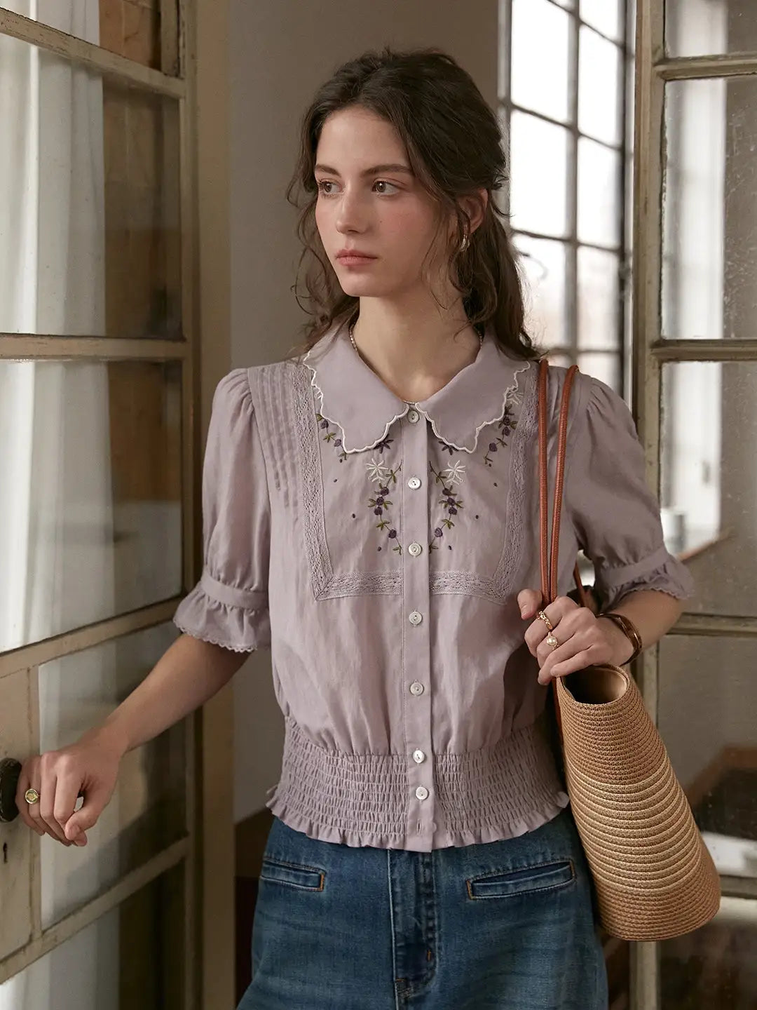 Sarahi Peter Pan Collar Embroidered Linen Blouse