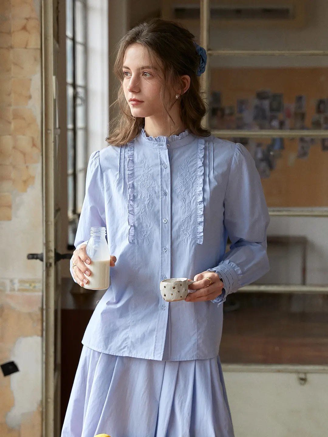 Kassidy Ruffle Collar Embroidered 100% Cotton Blouse