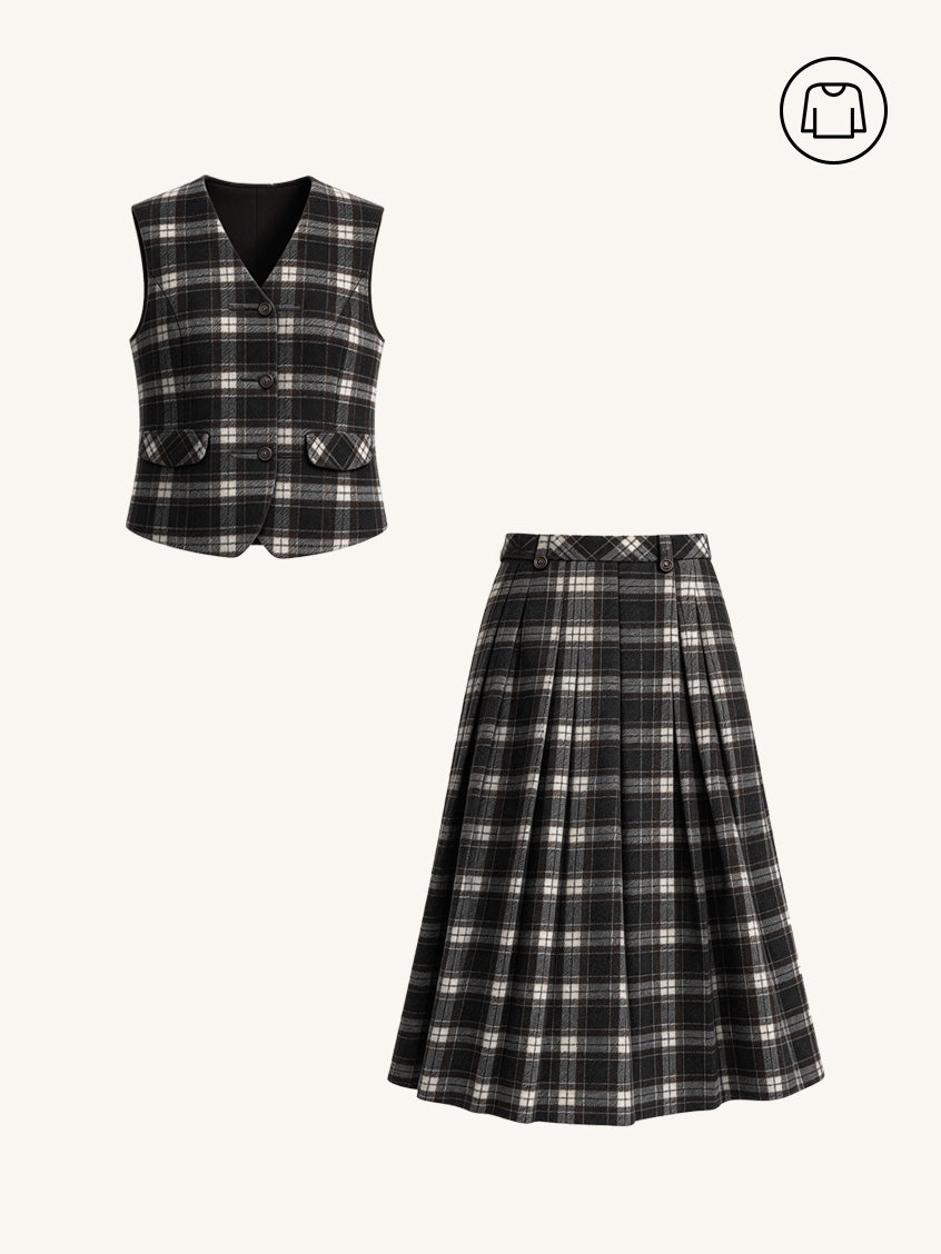 2Pcs Set Zephyrine Double-Breasted Plaid Wool Vest&Zephyrine High-Waist Plaid Midi Skirt