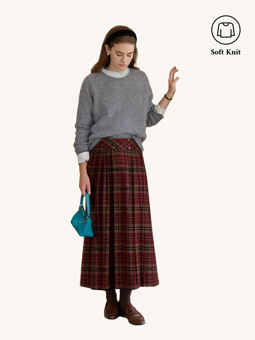 2Pcs Set Tru Cloud-Soft Wool Round Neck Sweater Flowers Grey & Georgina A-Line Plaid Skirt