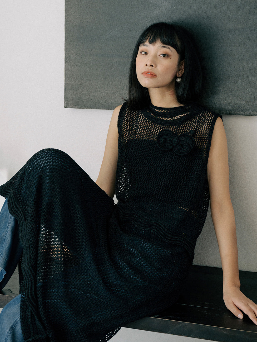 Chowxiaodou Knitted Hollow Bow Dress