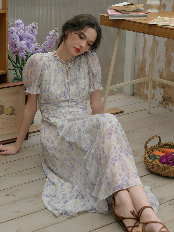 Annie Ruffle Mock Neck Bow Floral Print Puff Sleeve Dress