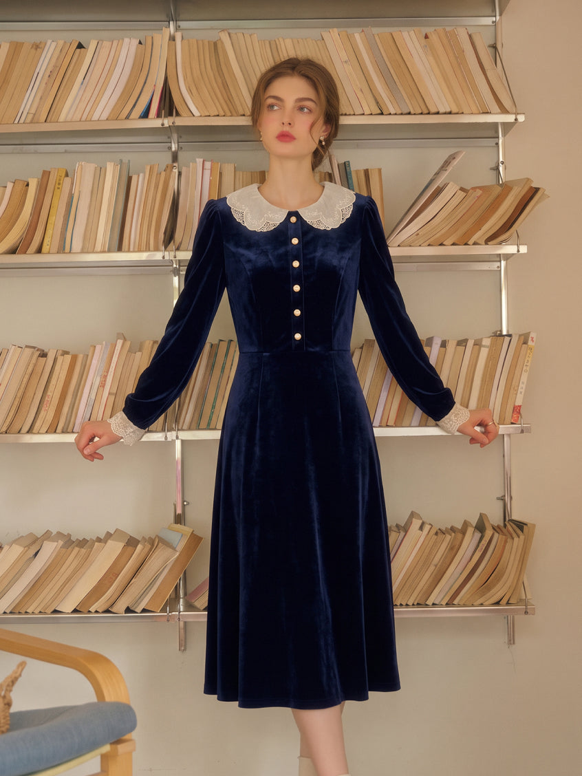 Azucena Lace-Collar Gold-Button Velvet Dress