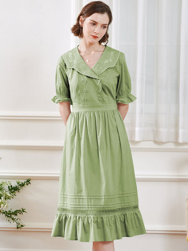 Leyla Vintage Lapel Embroidered Cotton Dress