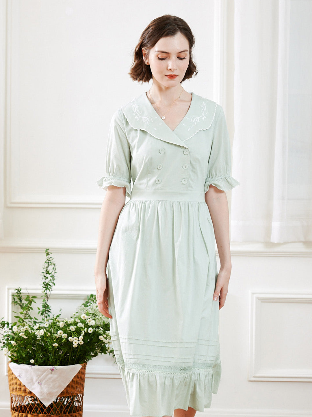 【Final Sale】Magen Retro Notched Collar Back Lace-up Cotton Dress