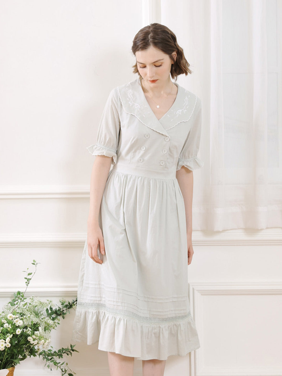 【Final Sale】Magen Retro Notched Collar Back Lace-up Cotton Dress