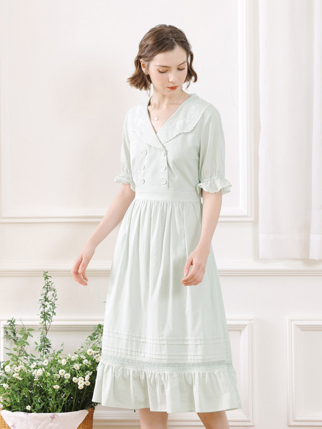 【Final Sale】Magen Retro Notched Collar Back Lace-up Cotton Dress