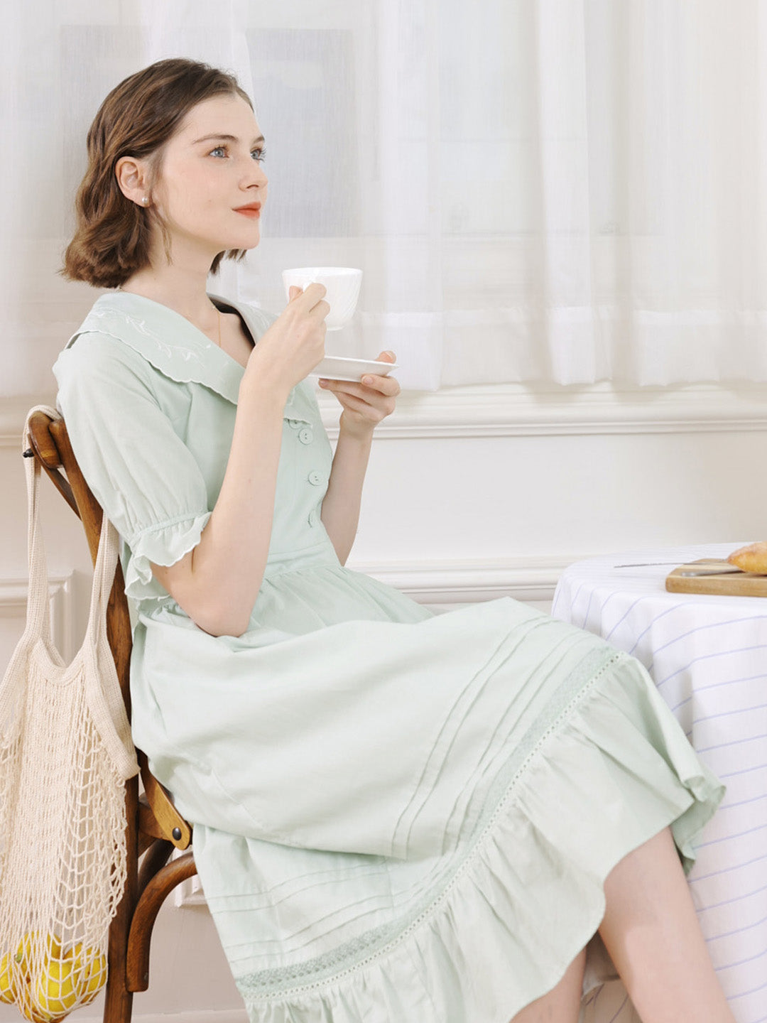 【Final Sale】Magen Retro Notched Collar Back Lace-up Cotton Dress