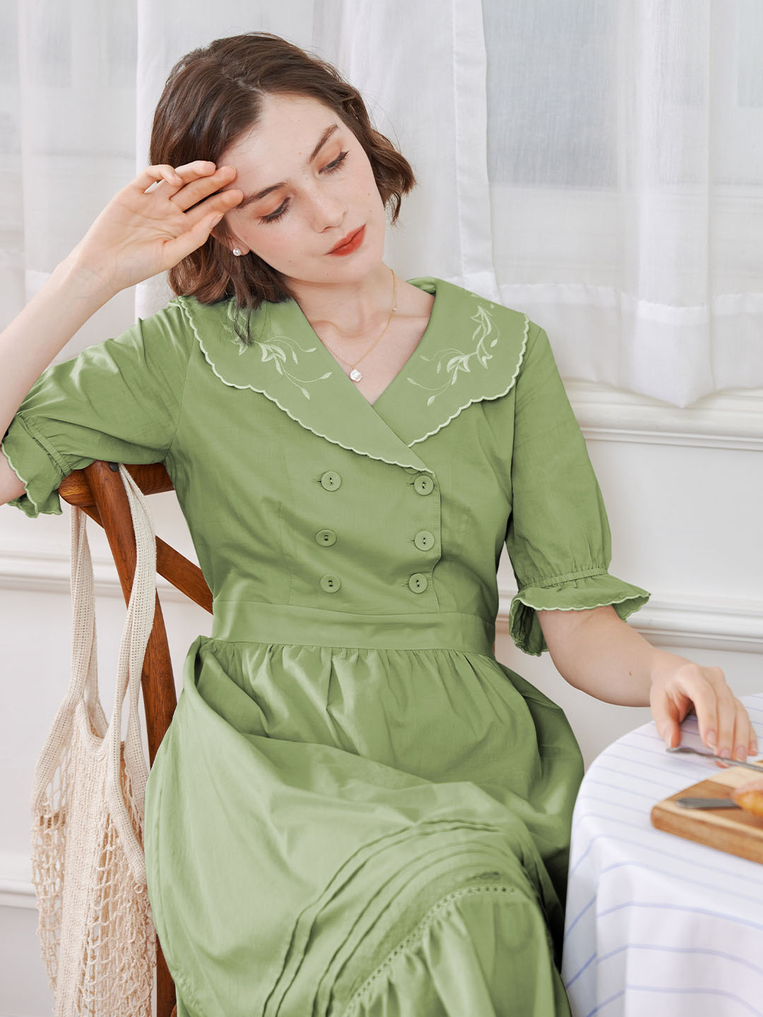 【Final Sale】Leyla Vintage Lapel Embroidered Cotton Dress