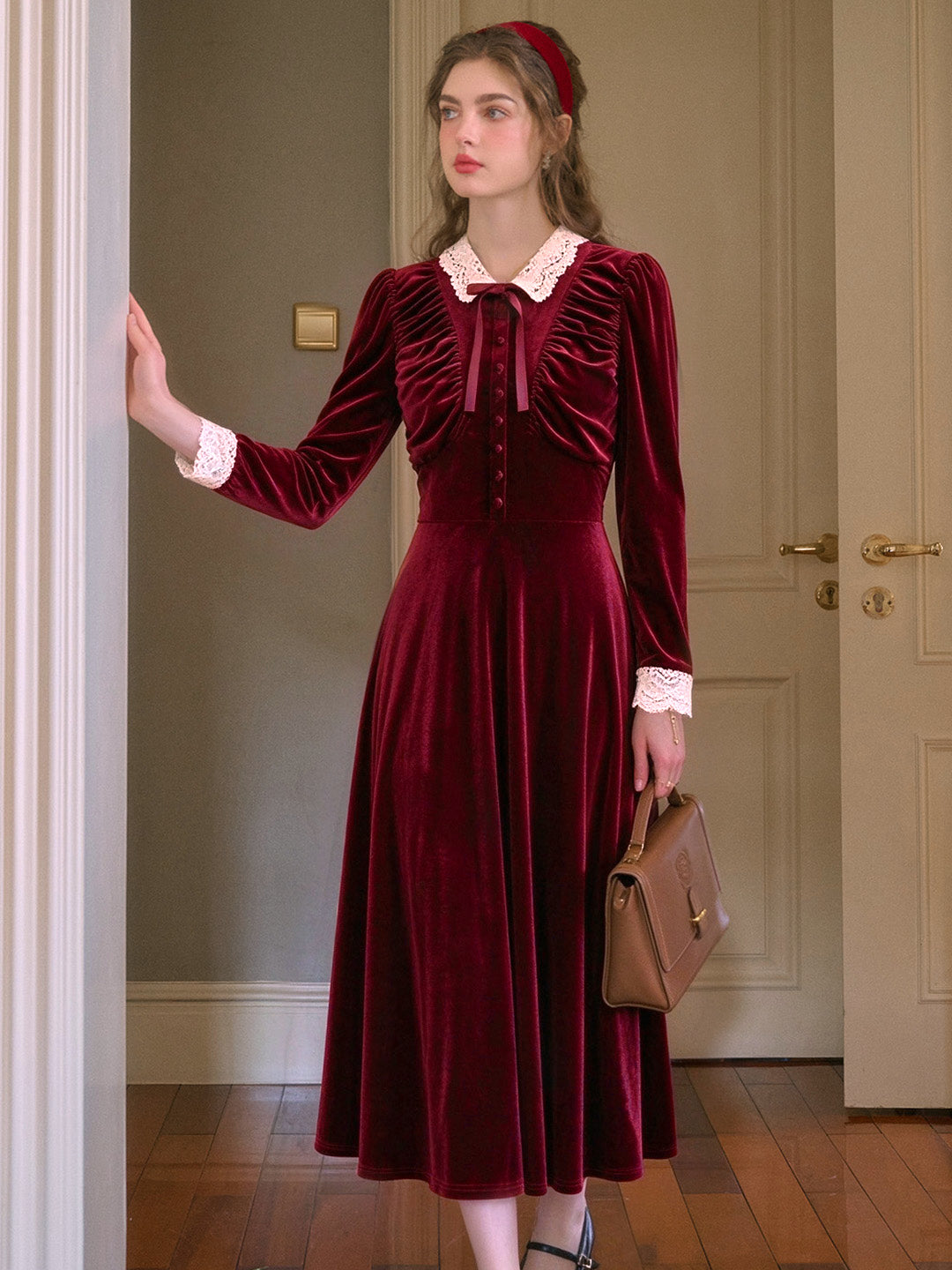 Rosalind Lace-Collar Vintage Velvet Dress