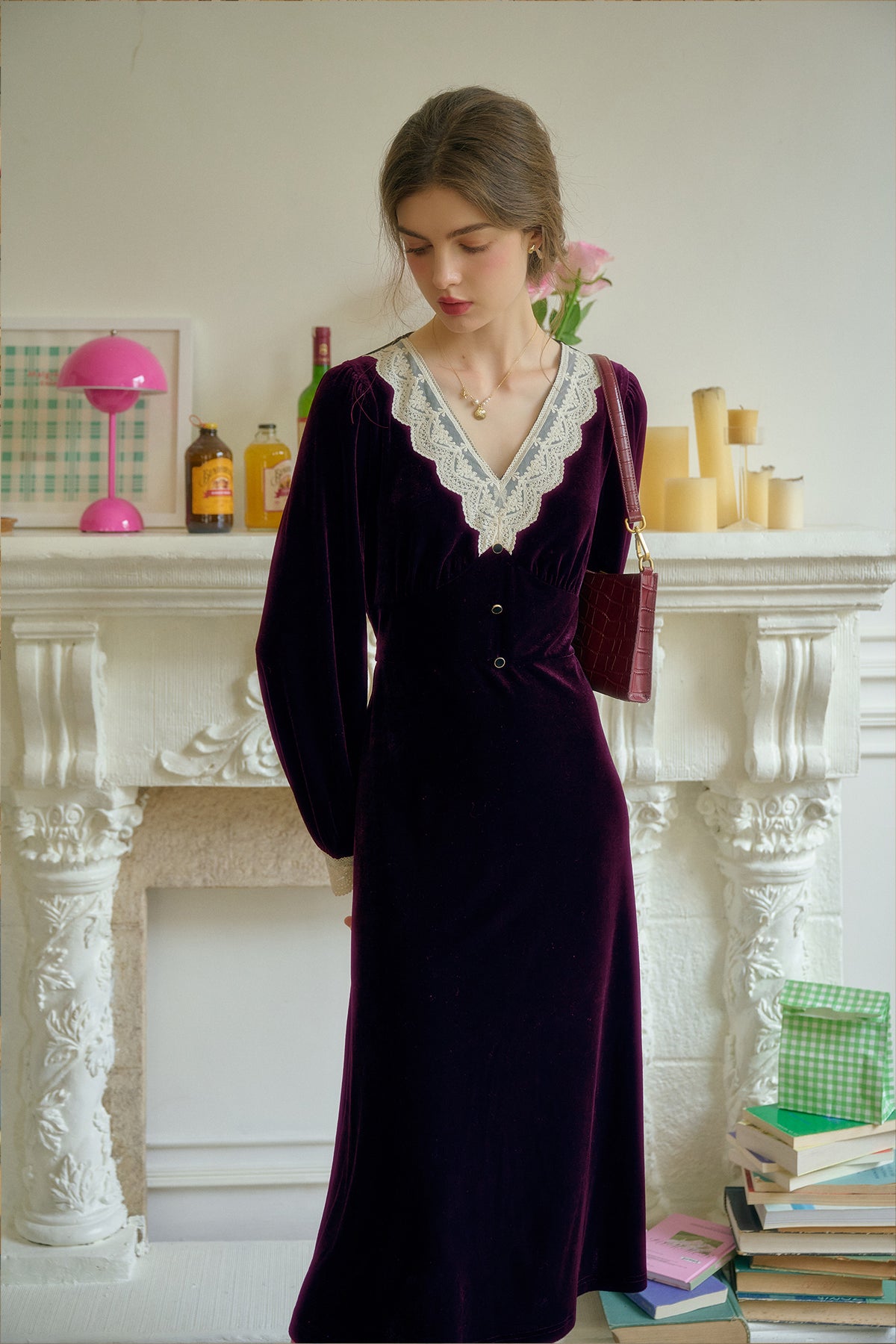 Kristen Elegant V-Neck Contrasting Lace Velvet Dress