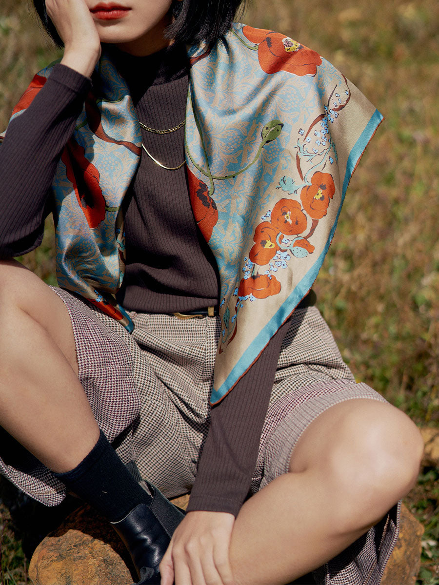 Chowxiaodou Rose Print Twill Silk Square Scarf-Bronze Blue