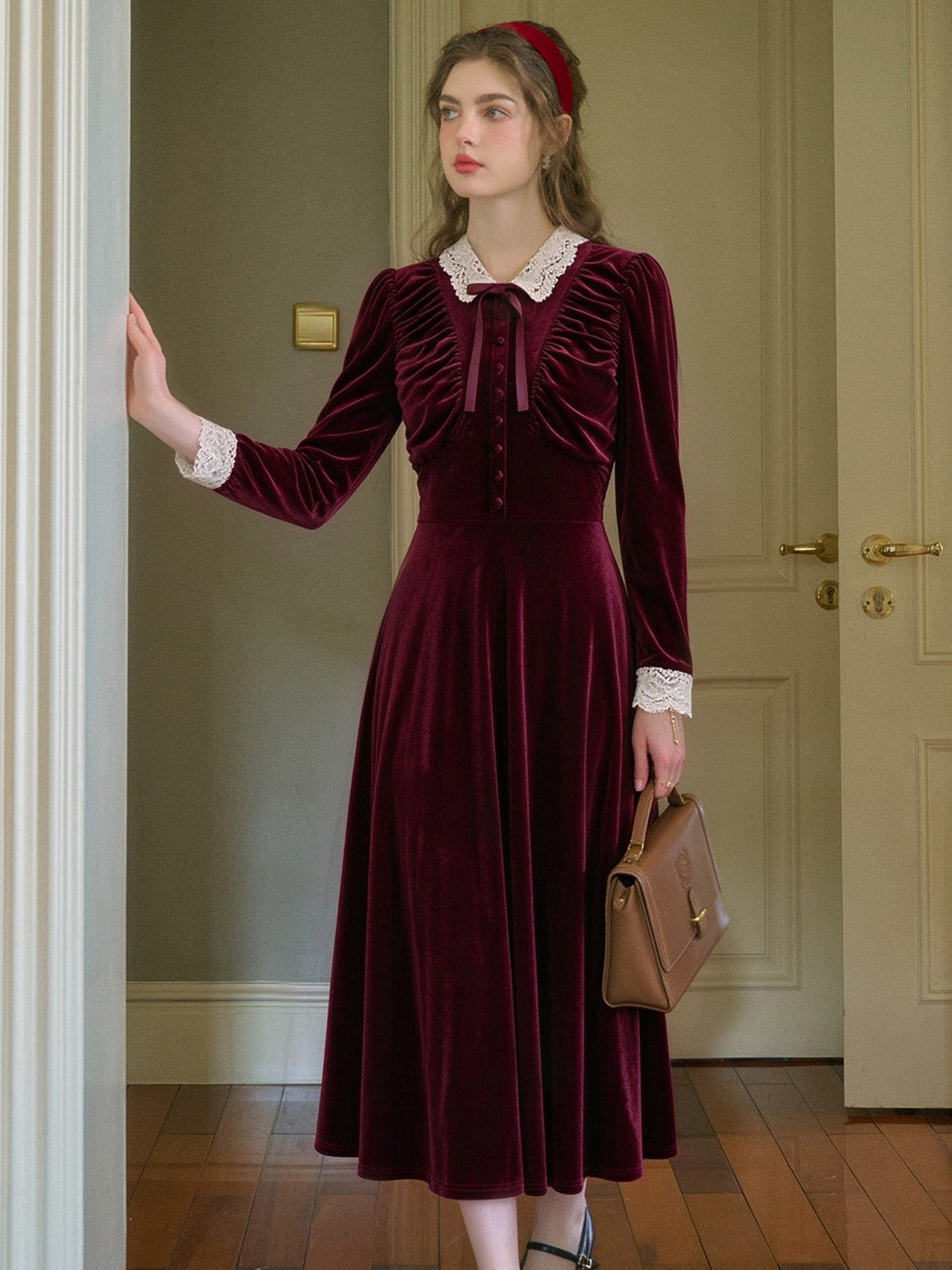 Rosalind Lace-Collar Vintage Velvet Dress