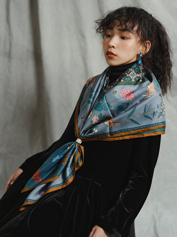 Chowxiaodou 16 Momme Large Square Slik Twill Scarf 106*106-Vintage Blue