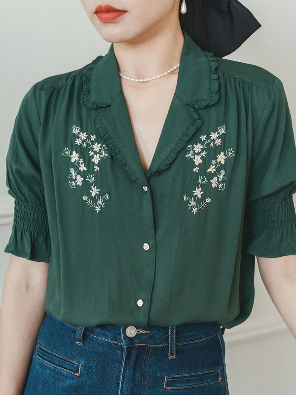Alicia Floral Embroidery V-Neck Green Blouse