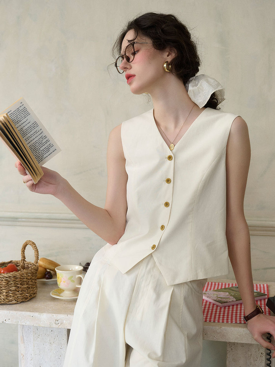 Michelle Casual V-neck Vest, Off-White / L