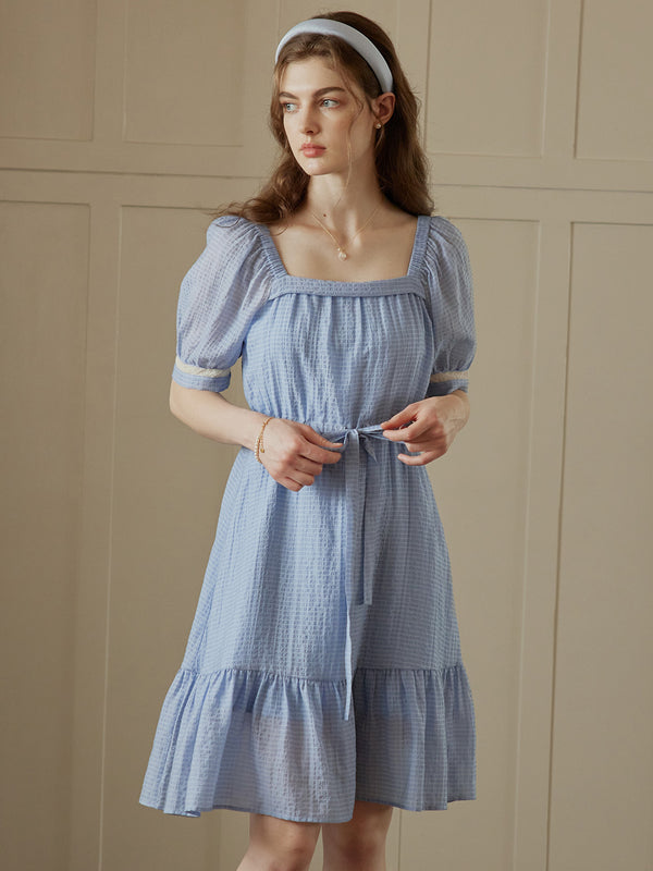 Bria Sweet Check Square Neck Puff Sleeve Dress
