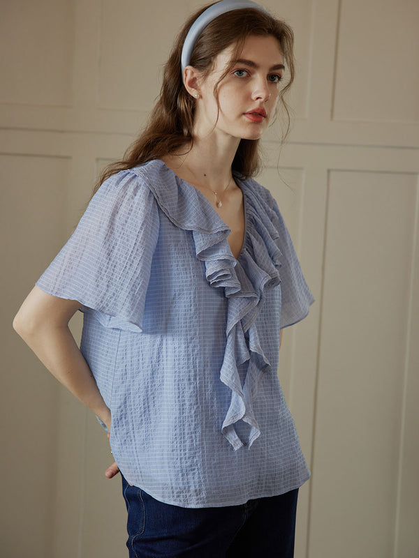 Jaylani Sweet Check Ruffle V-Neck Blouse