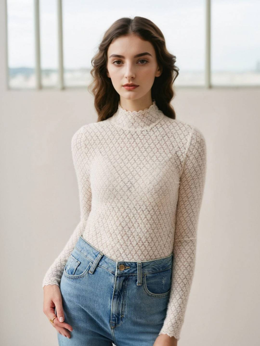 Alivia Mock Neck Lace Knit Sweater