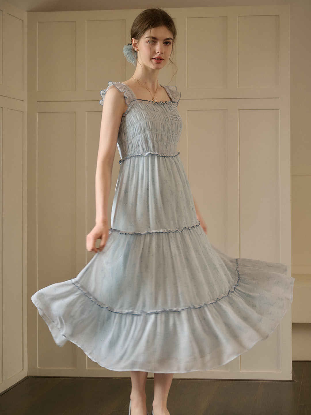 【Final Sale】Paulina Original Ballet Girl Print Square Neck Lace Sleeve Dress