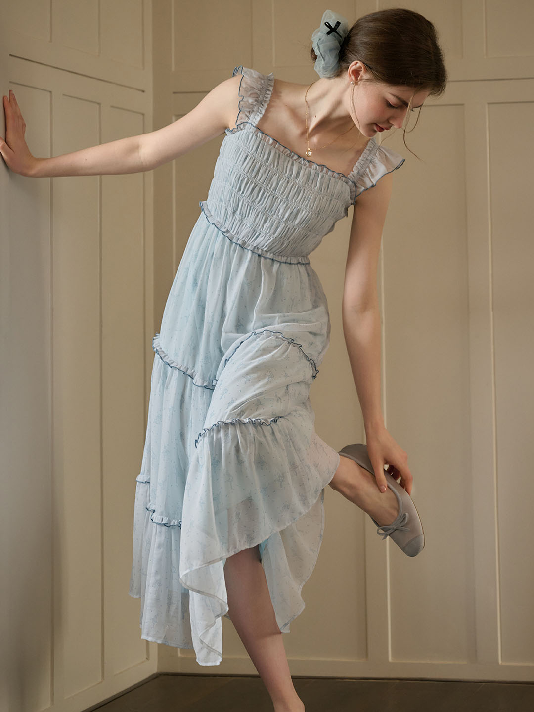 【Final Sale】Paulina Original Ballet Girl Print Square Neck Lace Sleeve Dress