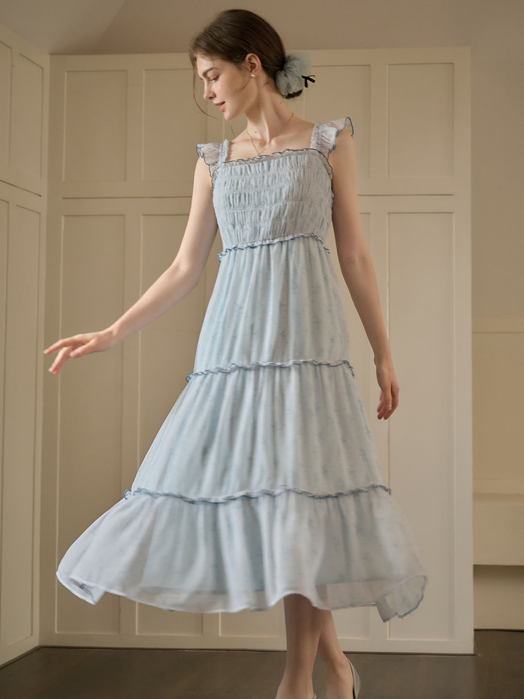 【Final Sale】Paulina Original Ballet Girl Print Square Neck Lace Sleeve Dress