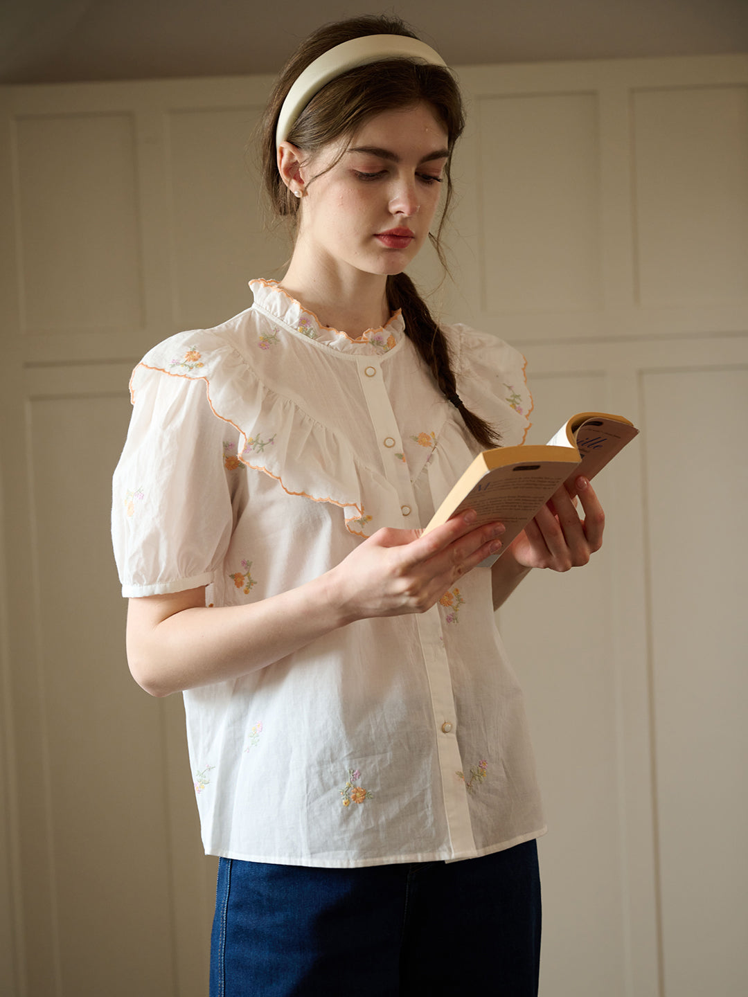 【Final Sale】Emmalyn Mock Neck Ruffle Embroidered Cotton Blouse
