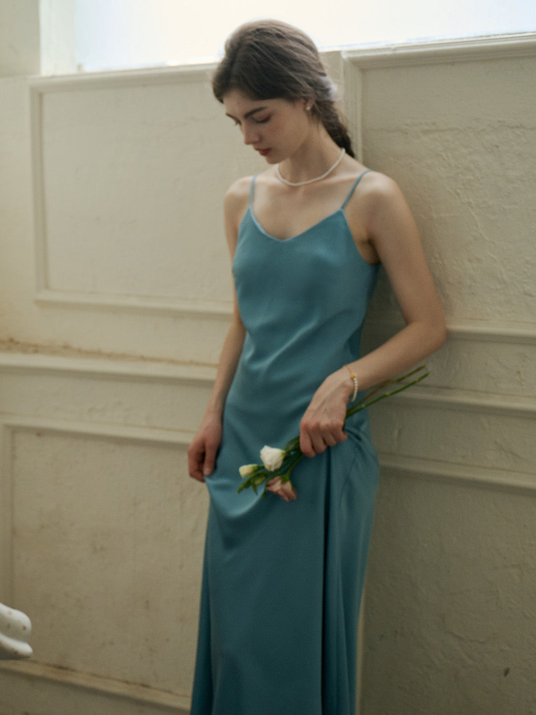 Gwen Vintage Elegant French V Neck Sling Blue Dress