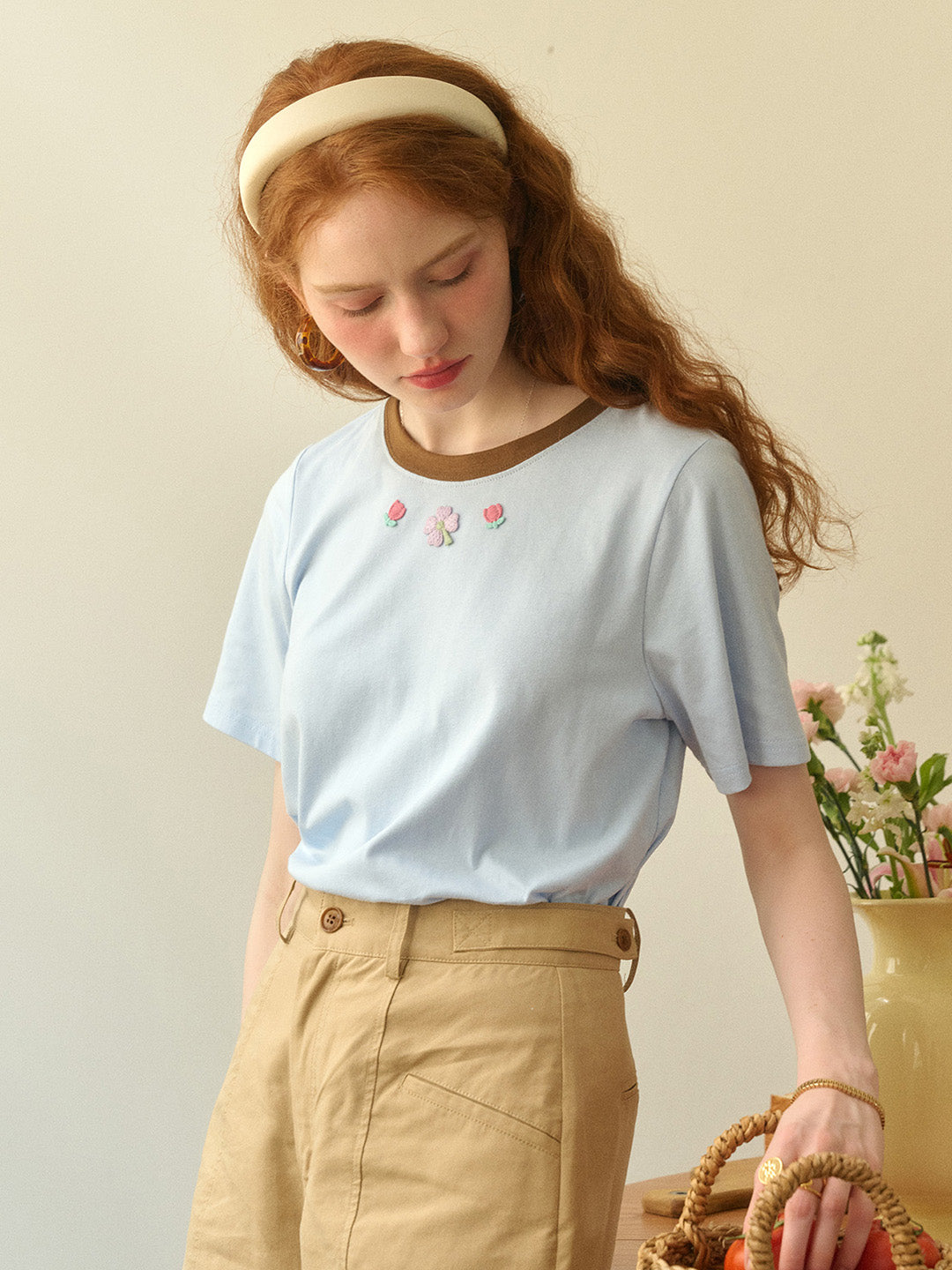 【Final Sale】Jade Round Neck Embroidery T-shirt