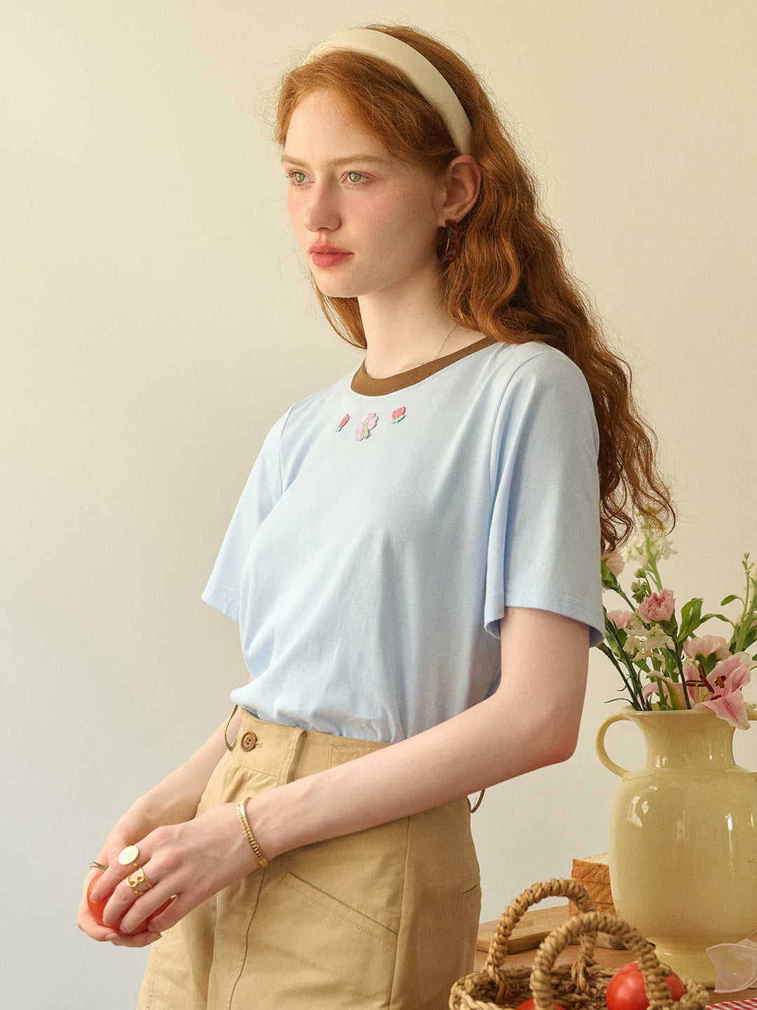 【Final Sale】Jade Round Neck Embroidery T-shirt