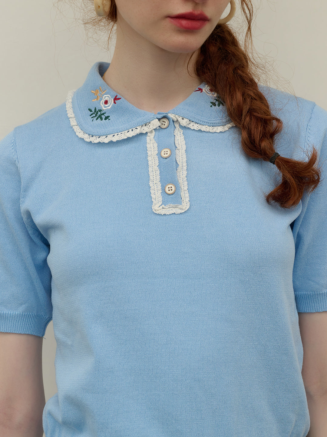 Amber Floral Embroidered Peter Pan Collar Contrast Lace Knit Blouse