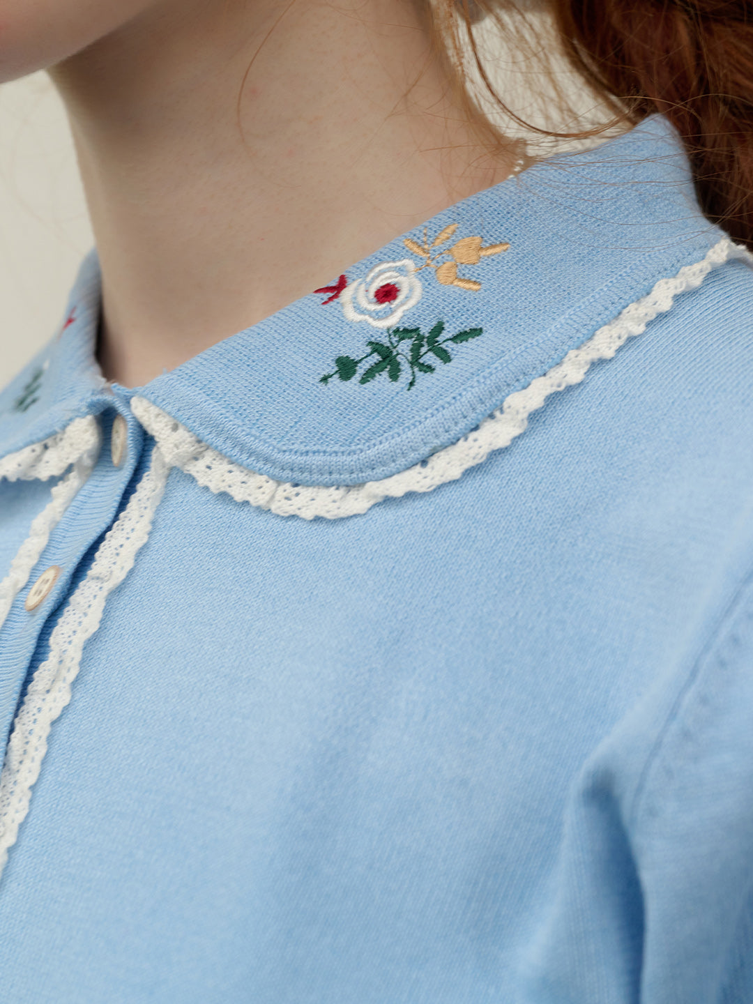 Amber Floral Embroidered Peter Pan Collar Contrast Lace Knit Blouse