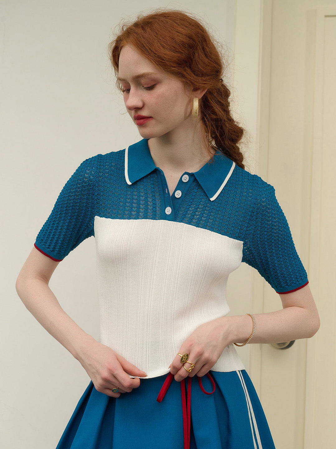 【Final Sale】Harmoni Notched Lapel Contrasting Knitted Top