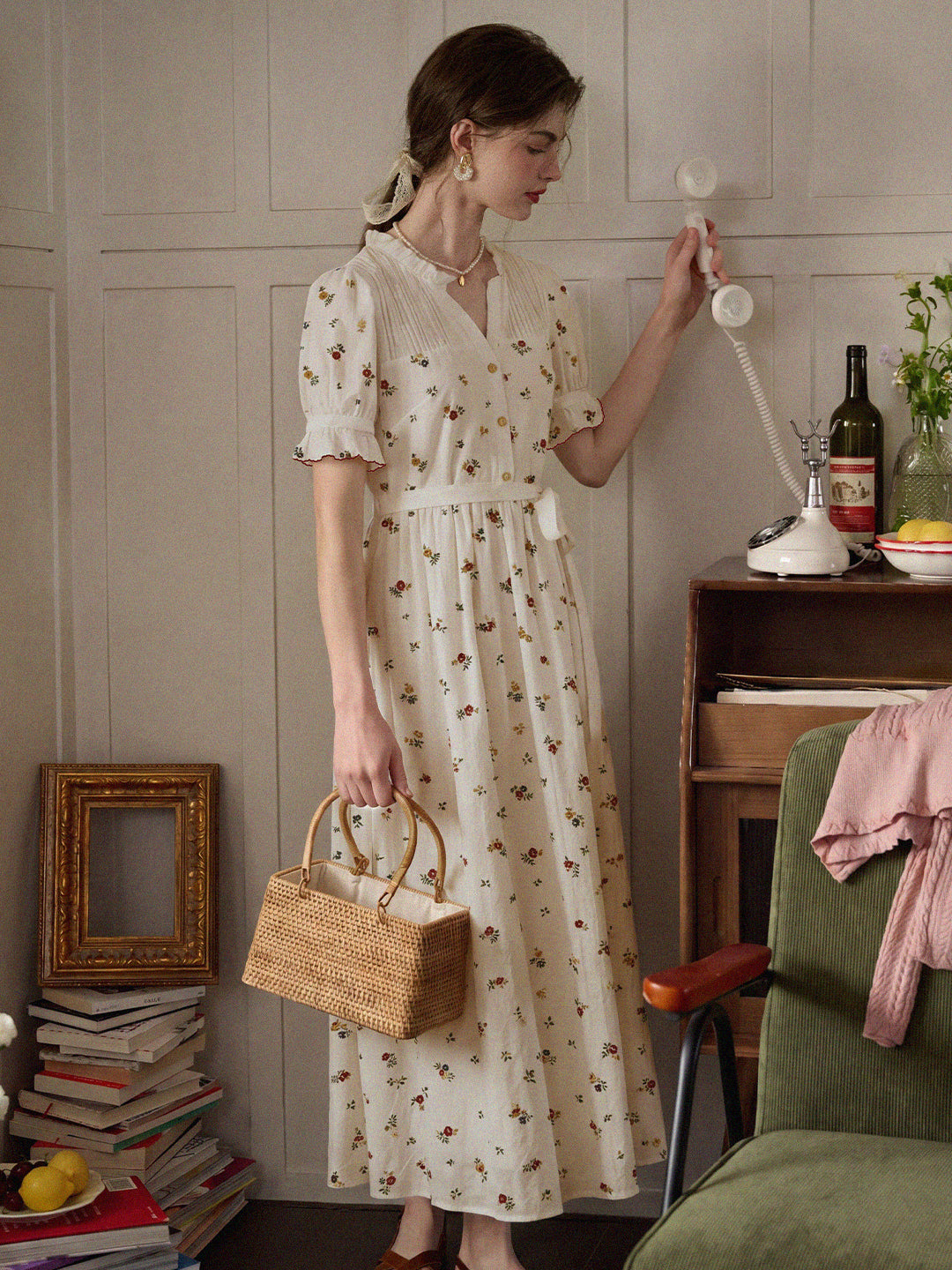 Aitana Rose Embroidered V-neck Puff Sleeve Lace Cotton Dress