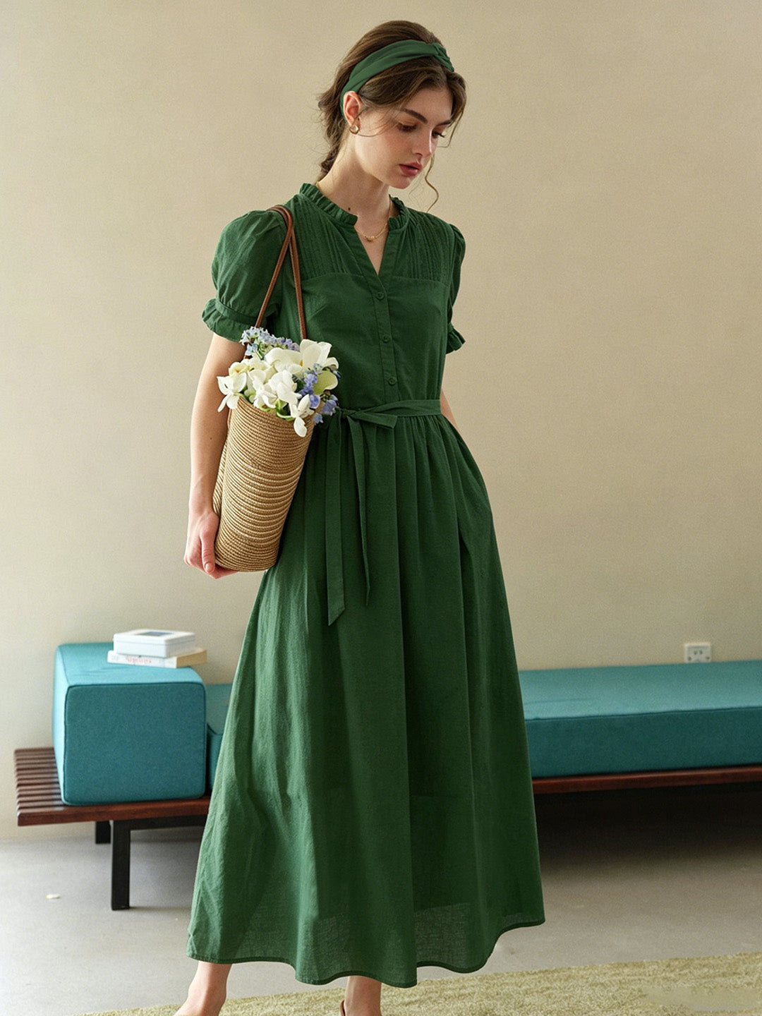 Aitana Rose Embroidered V-neck Puff Sleeve Lace Cotton Dress