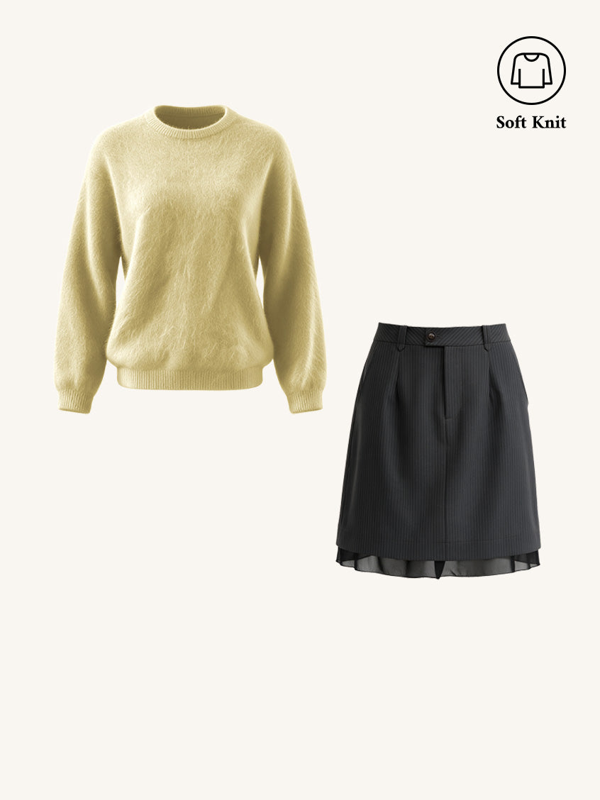 2PCS Set Tru Cloud-Soft Wool Round Neck Sweater Bright Yellow & Natasha Pinstripe A-Line Layered Short Skirt