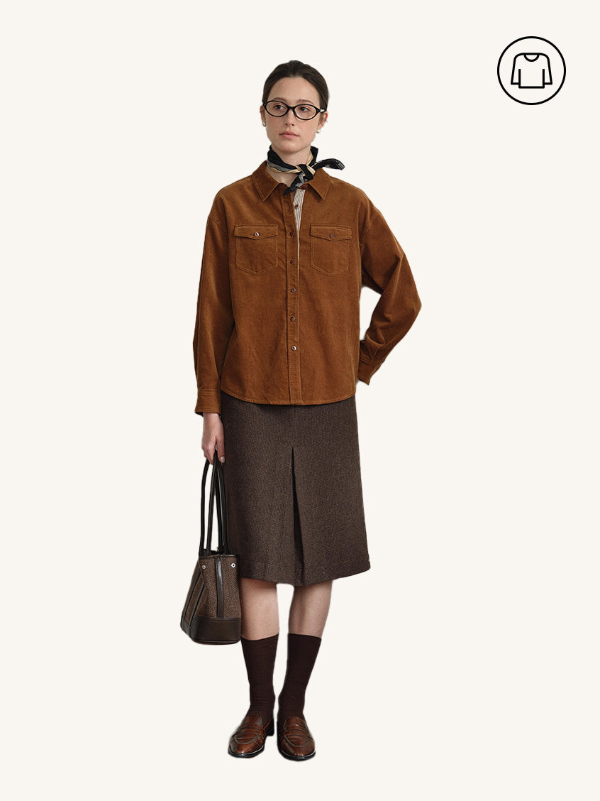 2Pcs Set Zosia 100% Cotton Dual-Pocket Shirt&Zeta Pocket Button Front-Slit A-Line Midi Skirt