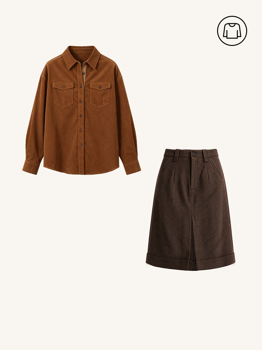 2Pcs Set Zosia 100% Cotton Dual-Pocket Shirt&Zeta Pocket Button Front-Slit A-Line Midi Skirt