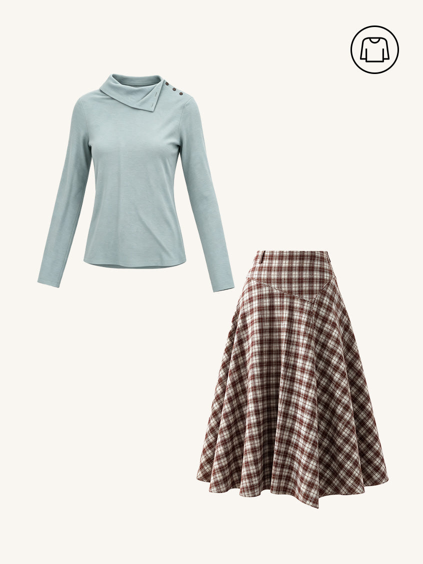 2Pcs Set Janina Draped Collar Slim-Fit Ruched Top&Varvara 100% Cotton Irregular-Hem Plaid Midi Skirt