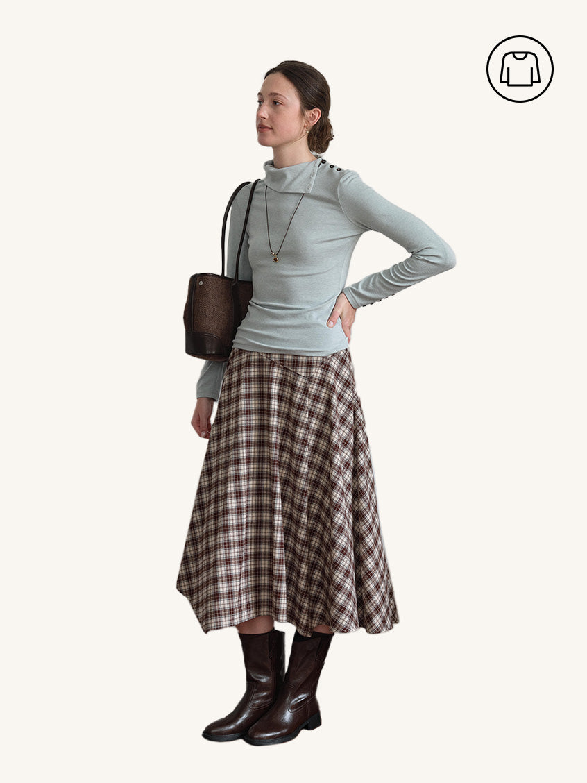 2Pcs Set Janina Draped Collar Slim-Fit Ruched Top&Varvara 100% Cotton Irregular-Hem Plaid Midi Skirt