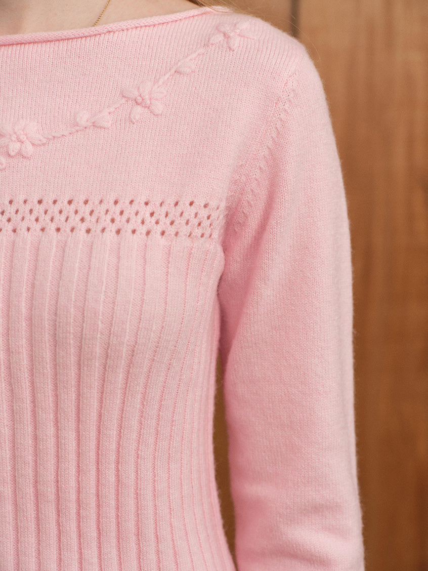 Pansy Floral-Embroidered Boat-Neck Knit Top